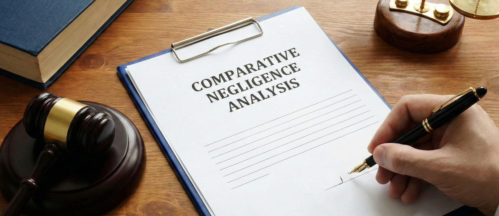 A hand holding a fountain pen poised over a blank Comparative Negligence Analysis form on a clipboard, with a judge's gavel and law books visible on a wooden desk