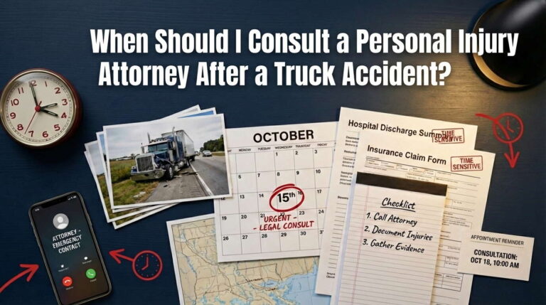When to consult attorney after truck accident: desk with October calendar marked urgent legal consult, crash photos, hospital discharge, insurance claim forms