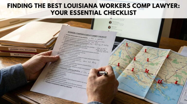Overhead desk view of workers compensation attorney search in Louisiana: legal checklist, state map with attorney locations, injury forms, and benefit calculator