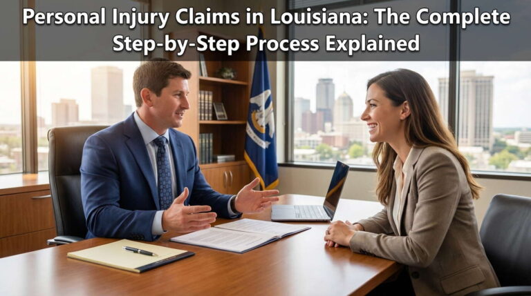 Louisiana personal injury attorney consulting with client in modern New Orleans office, discussing successful claim process