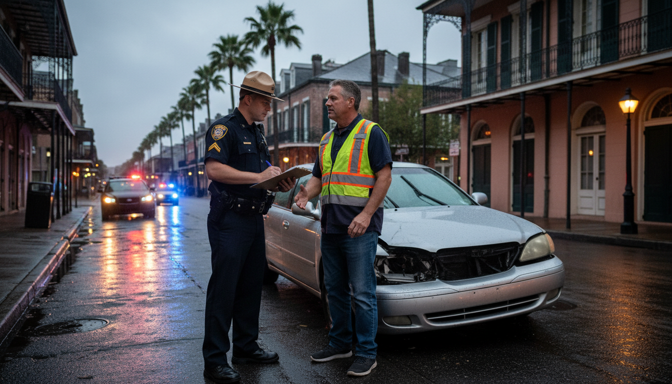 Police officer documenting a car accident scene to support the law about car accidents in Louisiana