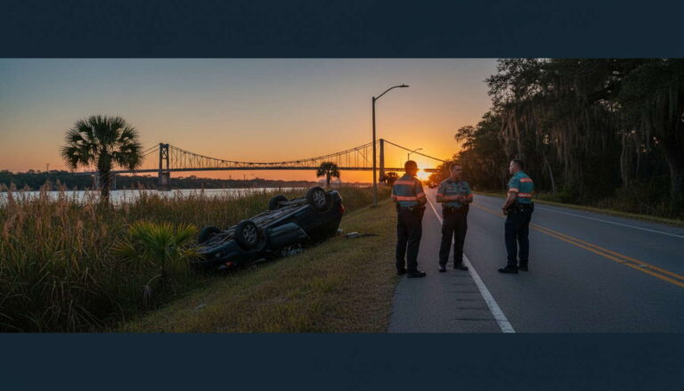 A single vehicle accident. A gray sedan flipped over onto its roof, on the side of the road in a small drainage embankment