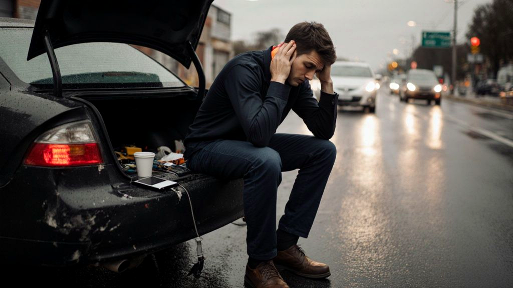 Driver sitting on a tailgate after a first car accident, holding their neck while waiting to decide whether to call an auto accident personal injury lawyer