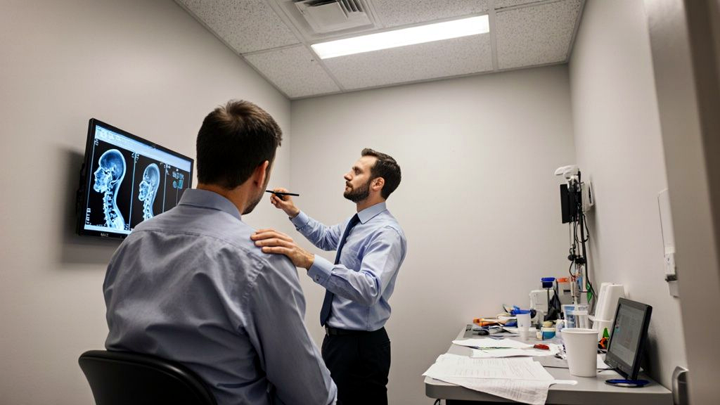 Doctor pointing to a neck and spine scan on a screen while explaining delayed whiplash symptoms to a car accident patient