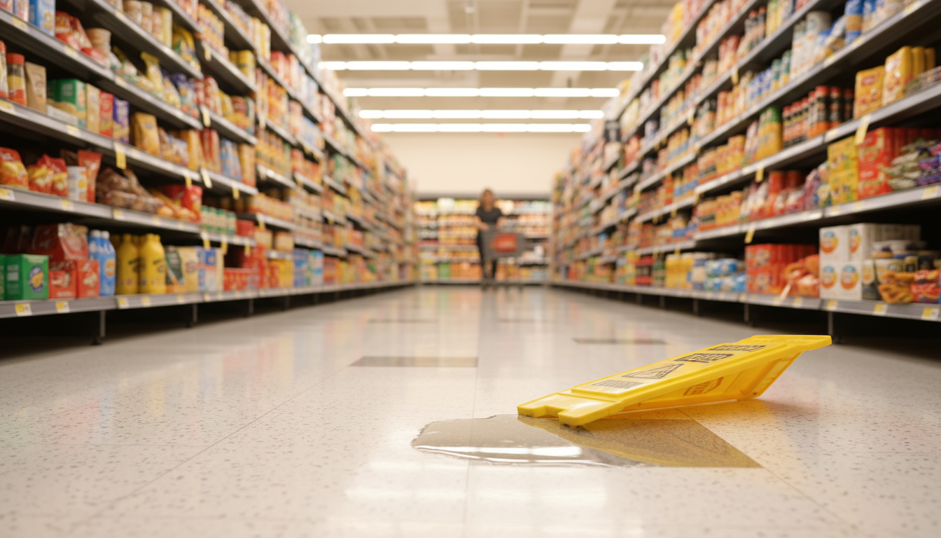 Wet floor caution sign in a grocery store aisle illustrating when to hire a lawyer for slip and fall injuries