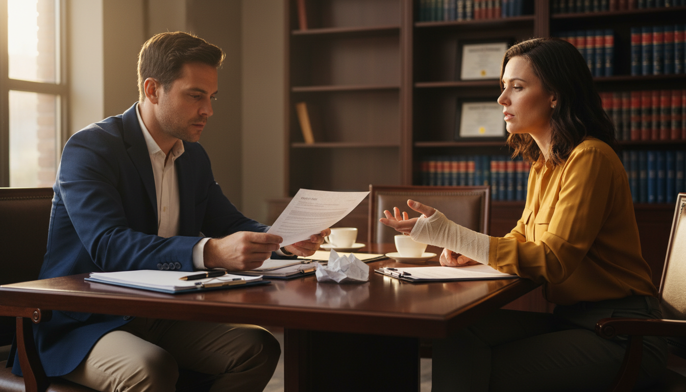 Personal injury attorney reviewing medical records and incident report with a client after a slip and fall accident