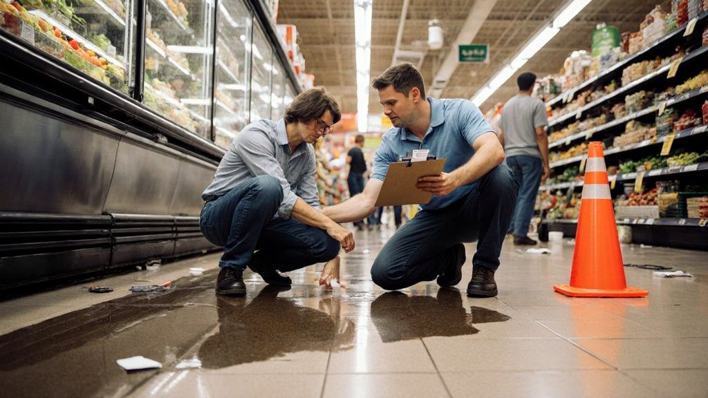 Customer who slipped on wet grocery store floor next to caution cone, holding hurt wrist and waiting for store manager