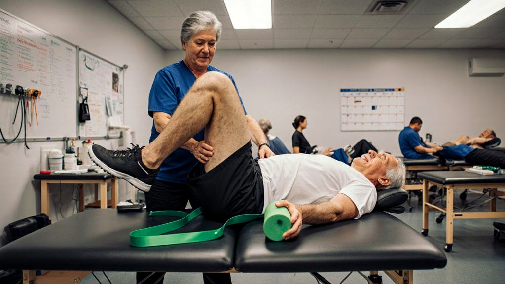 Woman in physical therapy session working on hip rehabilitation exercises with therapist after a slip and fall injury