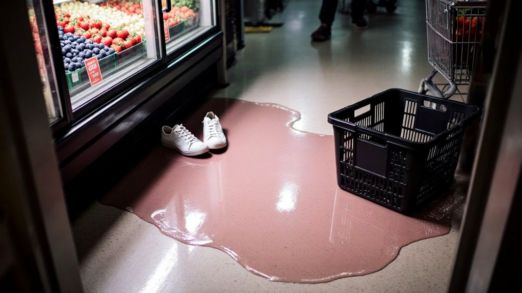 A spreading puddle of clear liquid pooling beside a grocery store produce cooler with a fallen shopping basket nearby, illustrating the kind of hazard slip and fall lawyers personal injury cases turn on