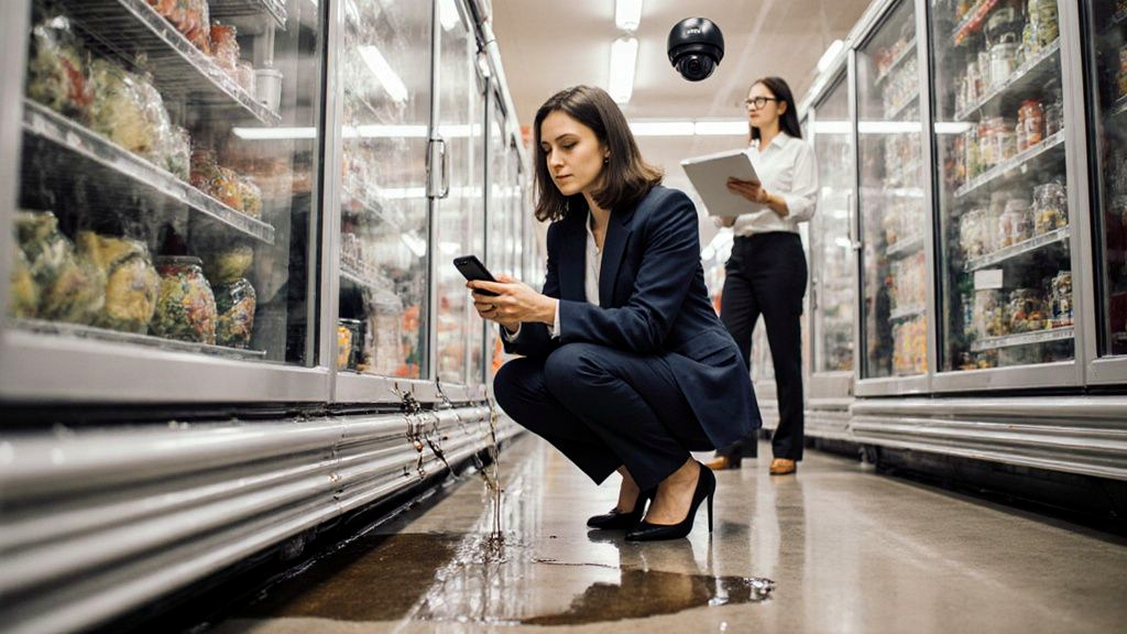 An attorney crouched beside a wet store aisle taking close-up phone photos of a missing wet floor sign and a leaking refrigerator unit while a paralegal notes the time stamp on the security camera mount above