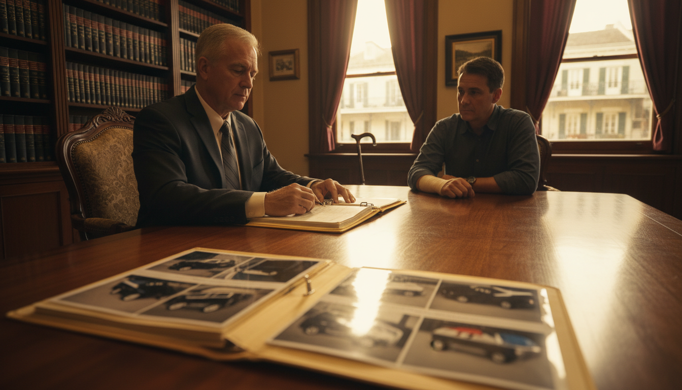 Slip and fall personal injury attorney reviewing a client's medical records and accident scene photos in a New Orleans law office