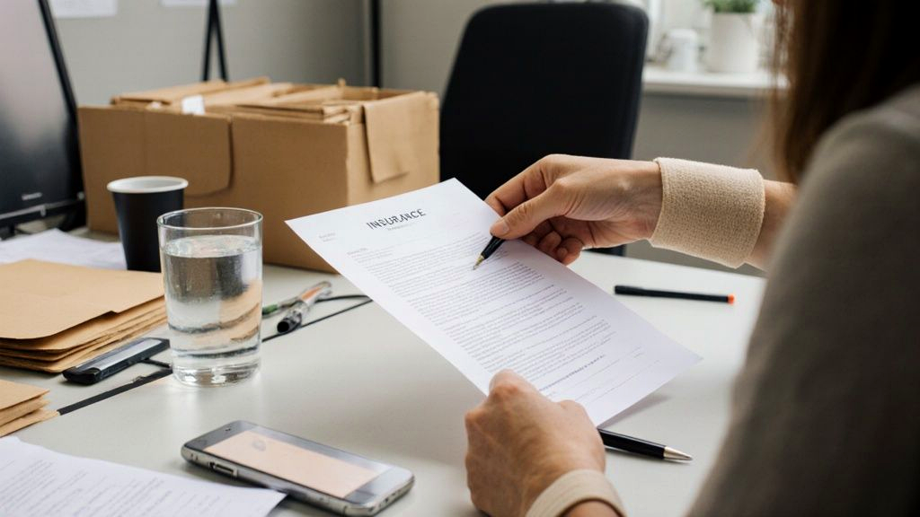 A claims adjuster sliding a deliberately low first settlement offer across a desk, illustrating why insurance claims take time to negotiate