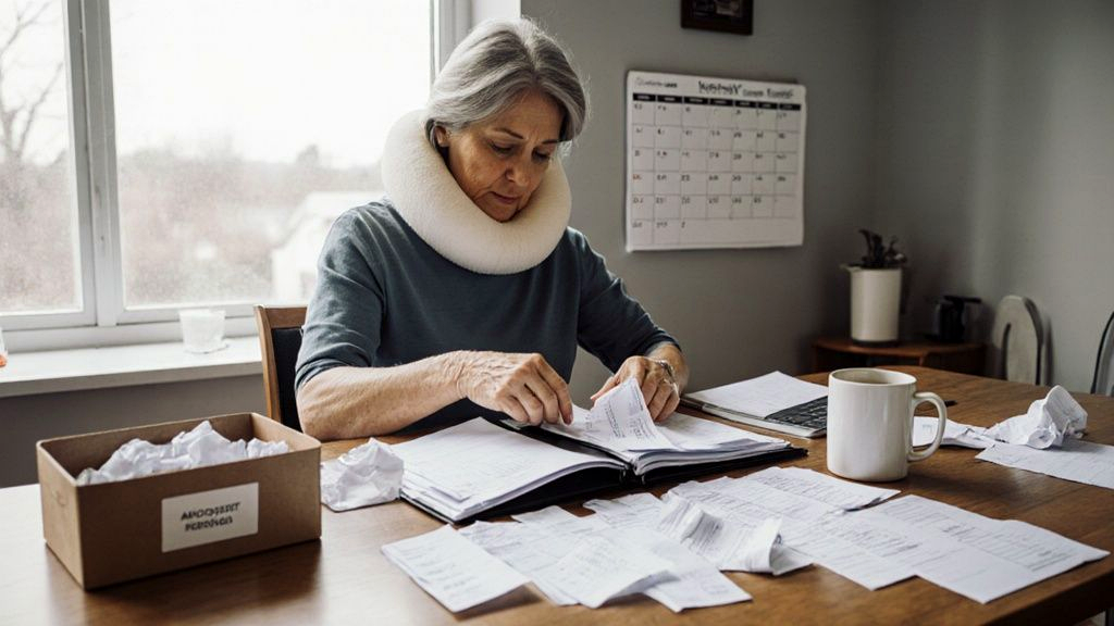 An injured client organizing a folder of medical bills and receipts at home to speed up an insurance claim settlement