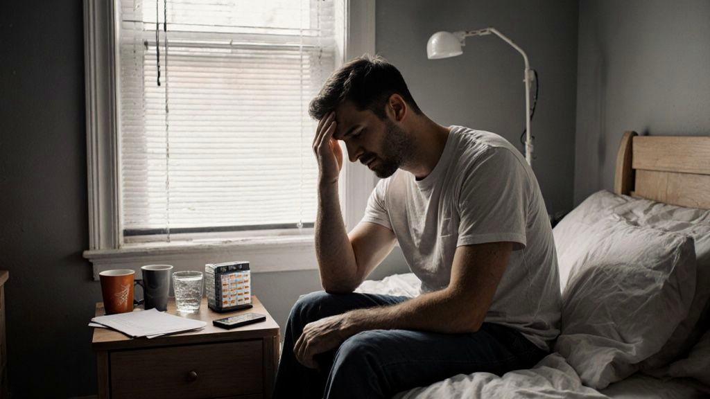 A New Orleans crash survivor sitting on the edge of the bed weeks after a car accident, hand pressed to the base of the skull where a delayed whiplash headache is starting