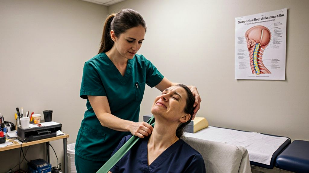 A physical therapist guiding a car accident patient through neck range-of-motion exercises, the patient wincing, illustrating treatment toward maximum medical improvement before a settlement