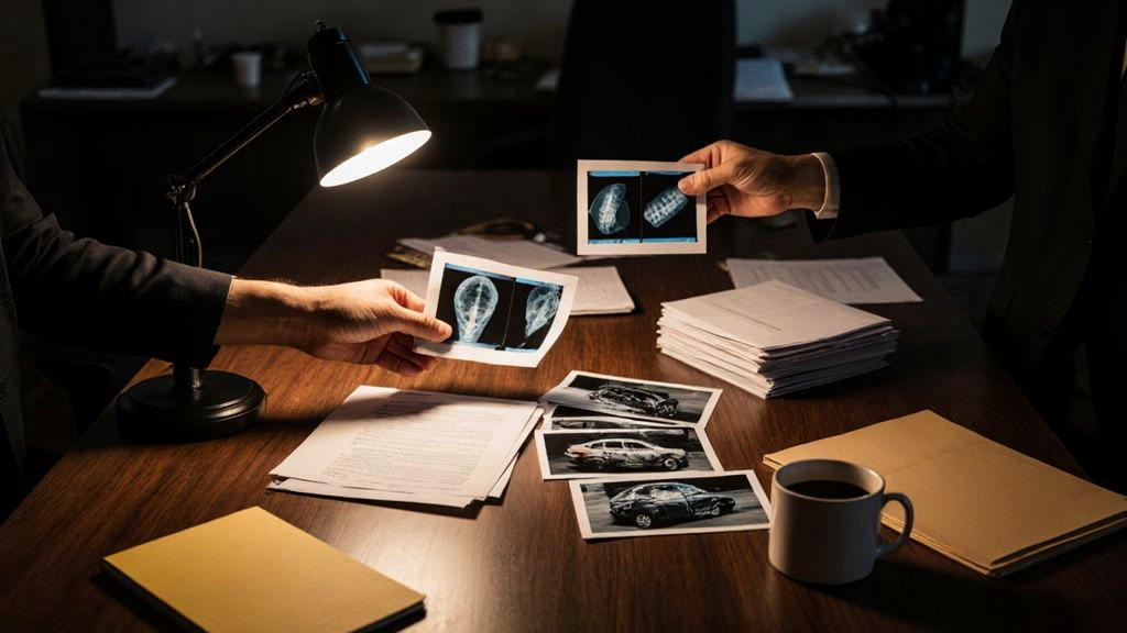 An attorney reviewing a thick stack of medical imaging films and accident-scene photographs spread across a table while assembling a car accident demand package