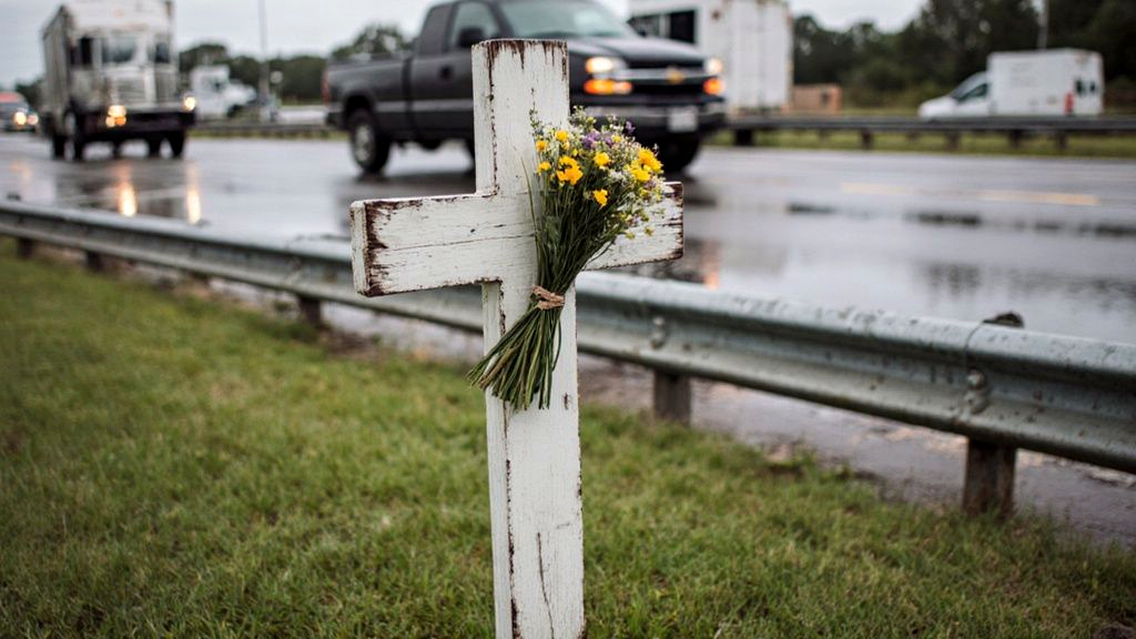 Roadside memorial cross with flowers along a Louisiana highway, a reminder of how many people die a year in car accidents