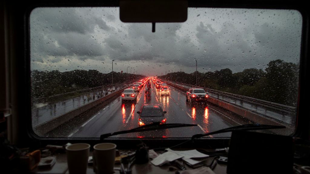 Heavy traffic on the elevated I-10 expressway near New Orleans in the rain at dusk
