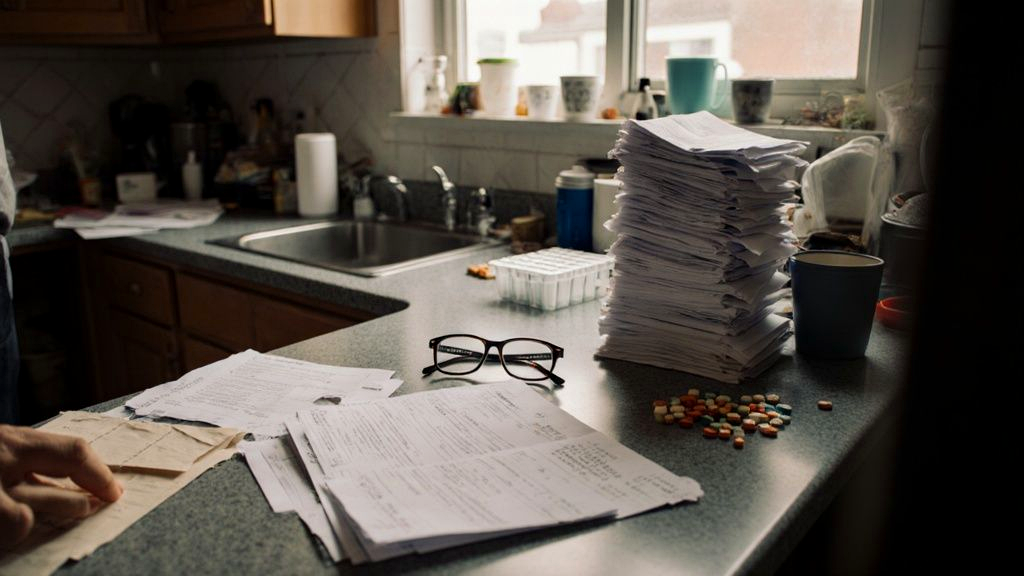 Kitchen counter covered with hospital paperwork, medical bills, and a pill organizer after a serious car accident