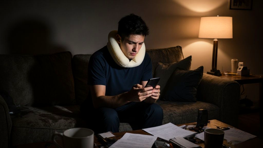 Injured person at night searching for the best lawyers personal injury victims trust while medical bills sit on the coffee table