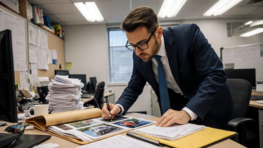 Attorney reviewing accident scene photos and a maintenance file to investigate liability