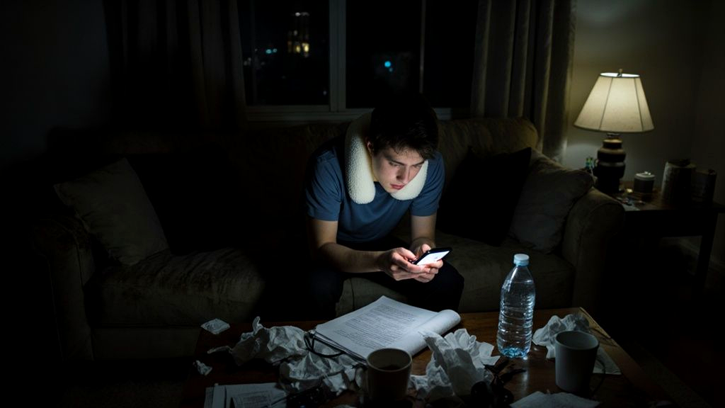 Injured person scrolling a legal advice Reddit thread on a phone late at night after a car accident