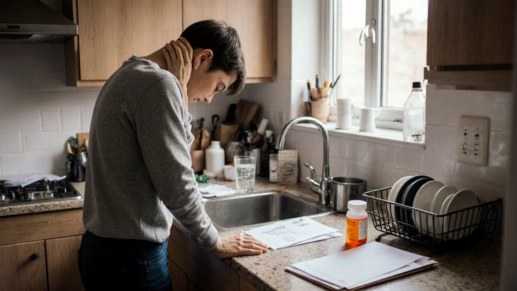 Person at home weeks after a crash holding the back of their head where a delayed headache began, an unopened insurance letter on the counter