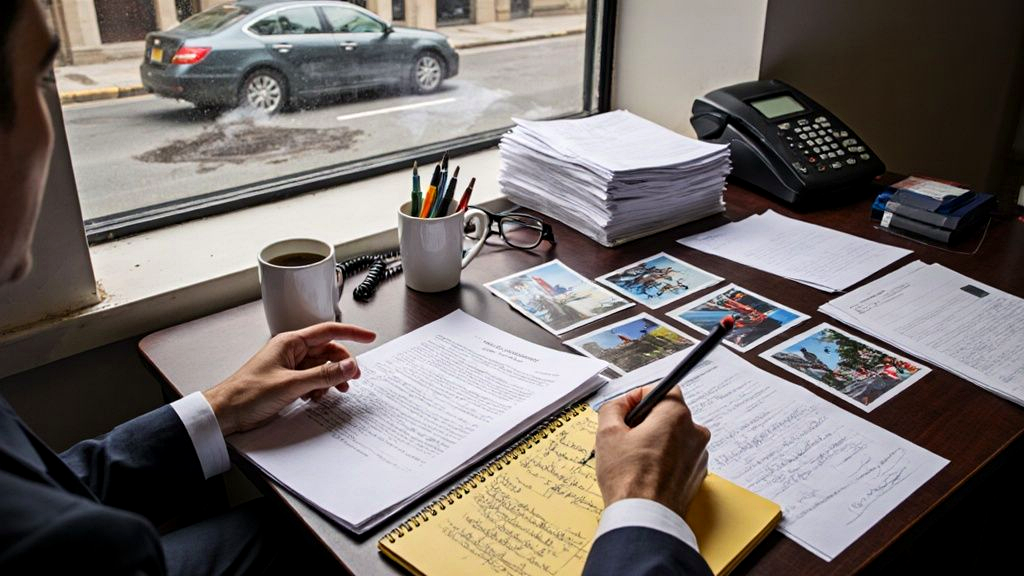 Police crash report, insurance adjuster letter, and printed road-condition photos spread across a New Orleans attorney's desk during a case review