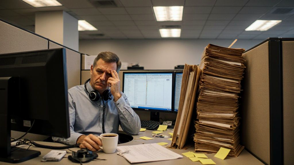 Overworked auto insurance claims adjuster reviewing a stack of claim files at a cubicle desk