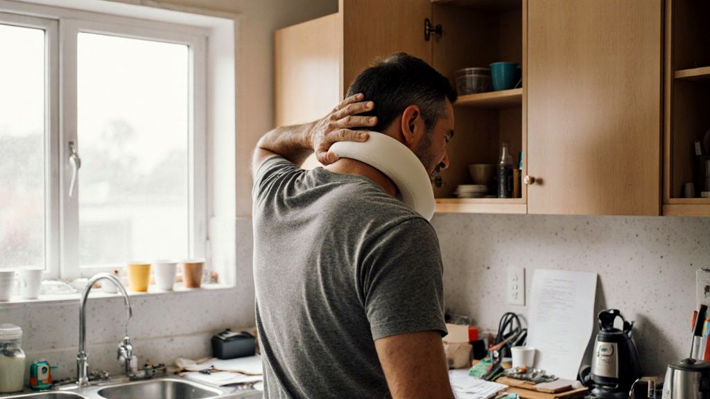 Man pressing a hand to his stiff neck a week after a car accident, delayed whiplash pain setting in