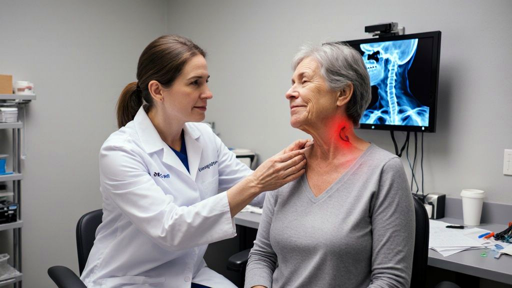 Rehabilitation doctor testing a car accident patient's neck rotation with a cervical spine scan on the monitor