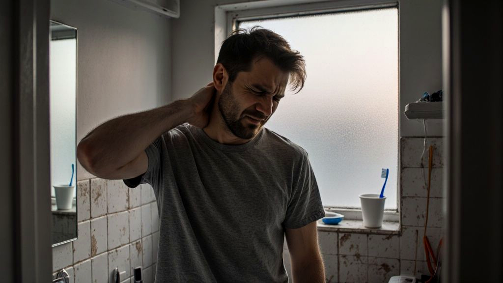 Man gripping a stiff, painful neck the morning after a car accident