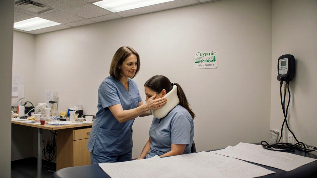 Person being fitted with a soft cervical collar after a car accident