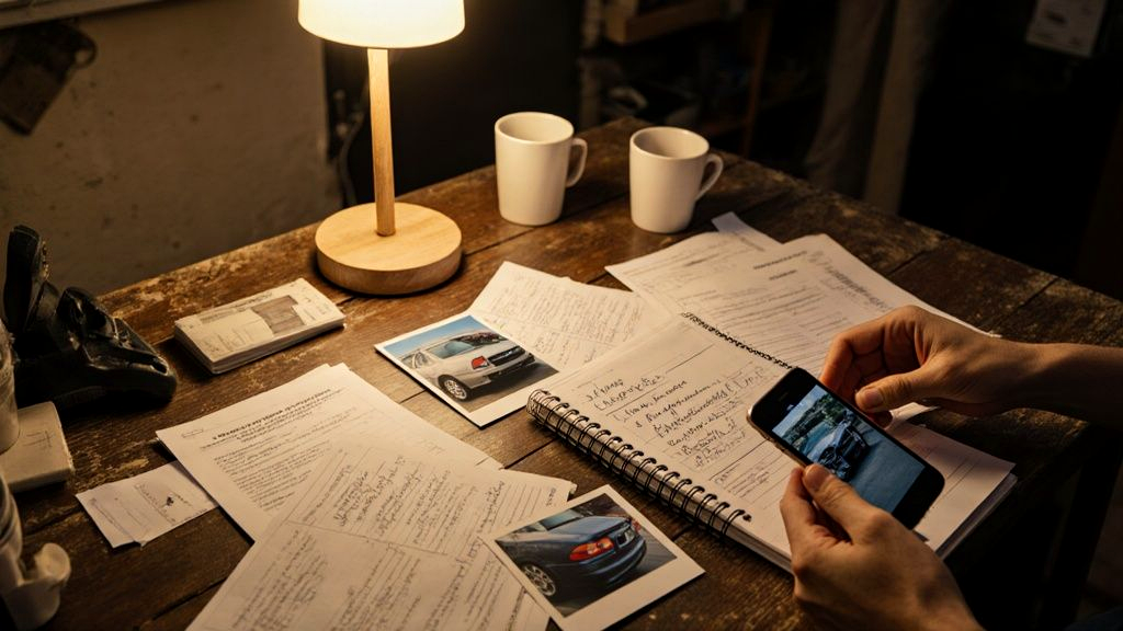 Medical records and crash photos spread across a table to document a car accident claim
