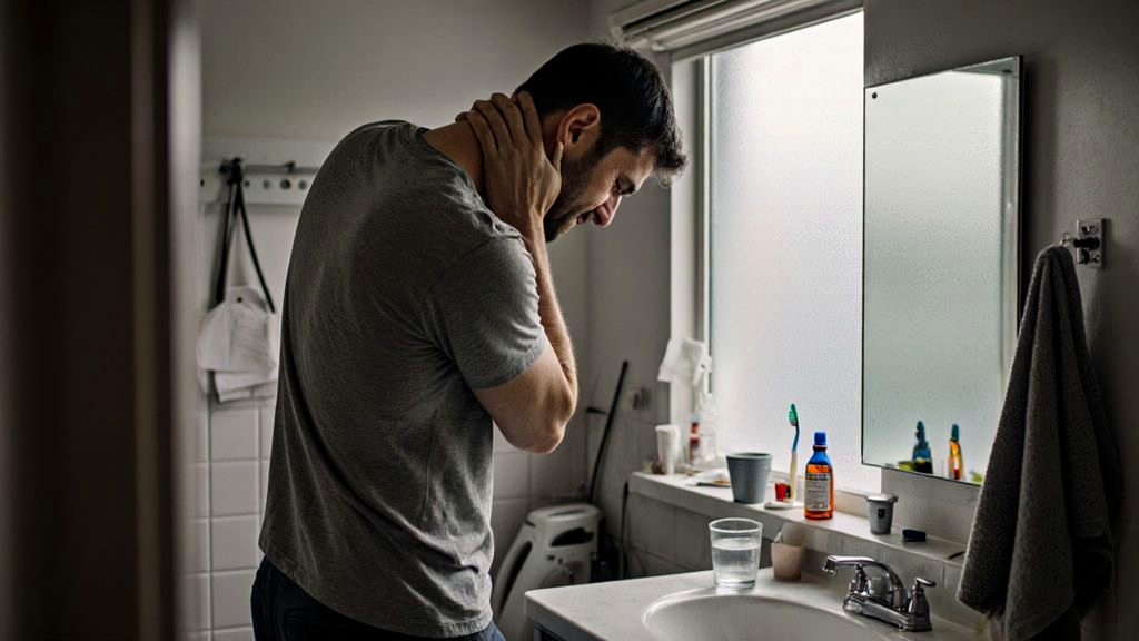 Man holding his stiff neck the morning after a car crash, showing why immediate medical coverage like personal injury protection matters
