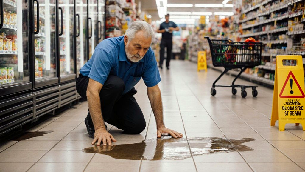Suing for slip and fall: a shopper down on a wet grocery aisle floor beside an unmarked spill