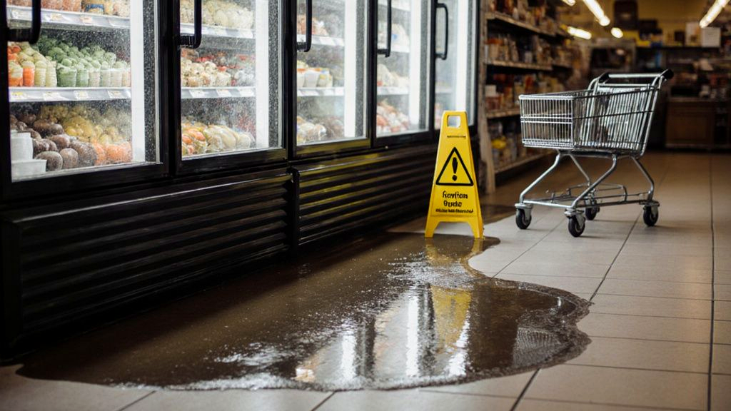 A leaking refrigerated grocery case forming a puddle on the floor with no wet floor sign, the kind of hazard central to suing for slip and fall
