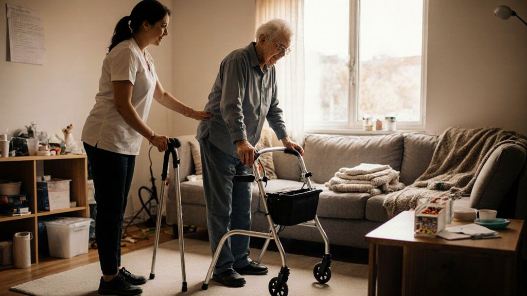 An older adult using a walker at home during physical therapy after a serious slip and fall hip fracture