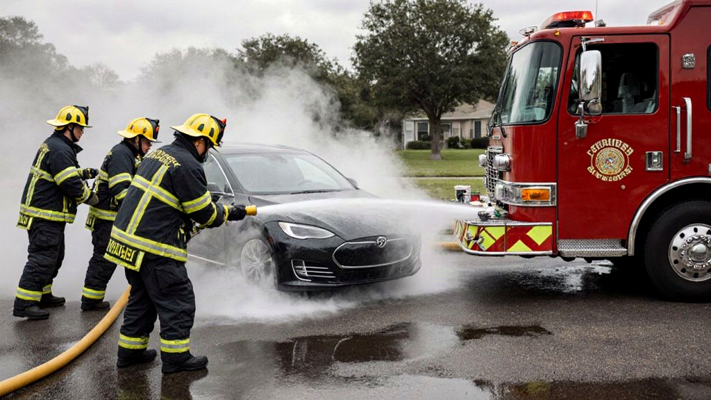 Firefighters cooling the smoking battery pack of an electric sedan after a Tesla crash